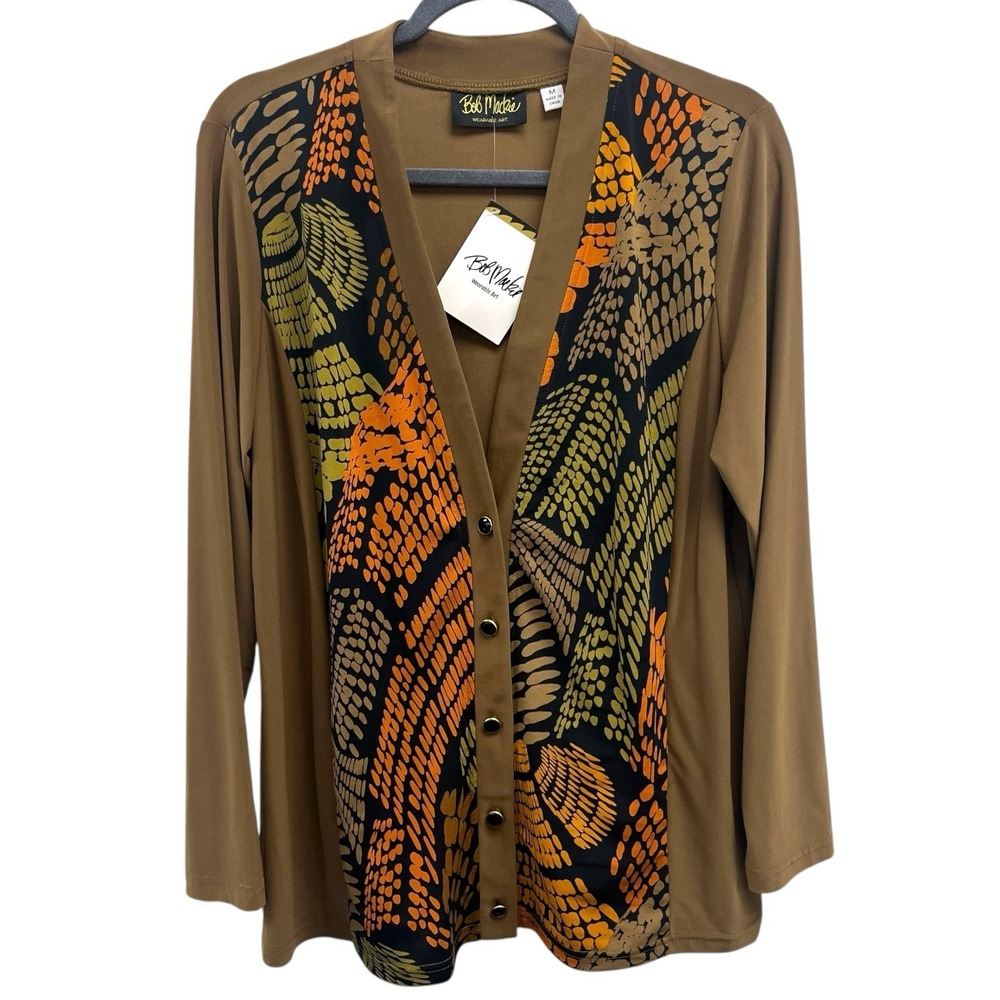 Bob Mackie QVC Size M Geometric Long Sleeve V-Neck Knit Stretch Cardigan NWT‎